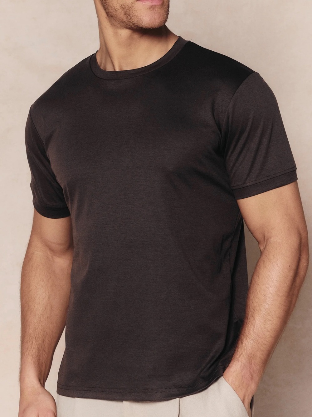 New RAITH Riera Mercerised Knit Cotton Crew Neck T-shirt Mens Size L Brown